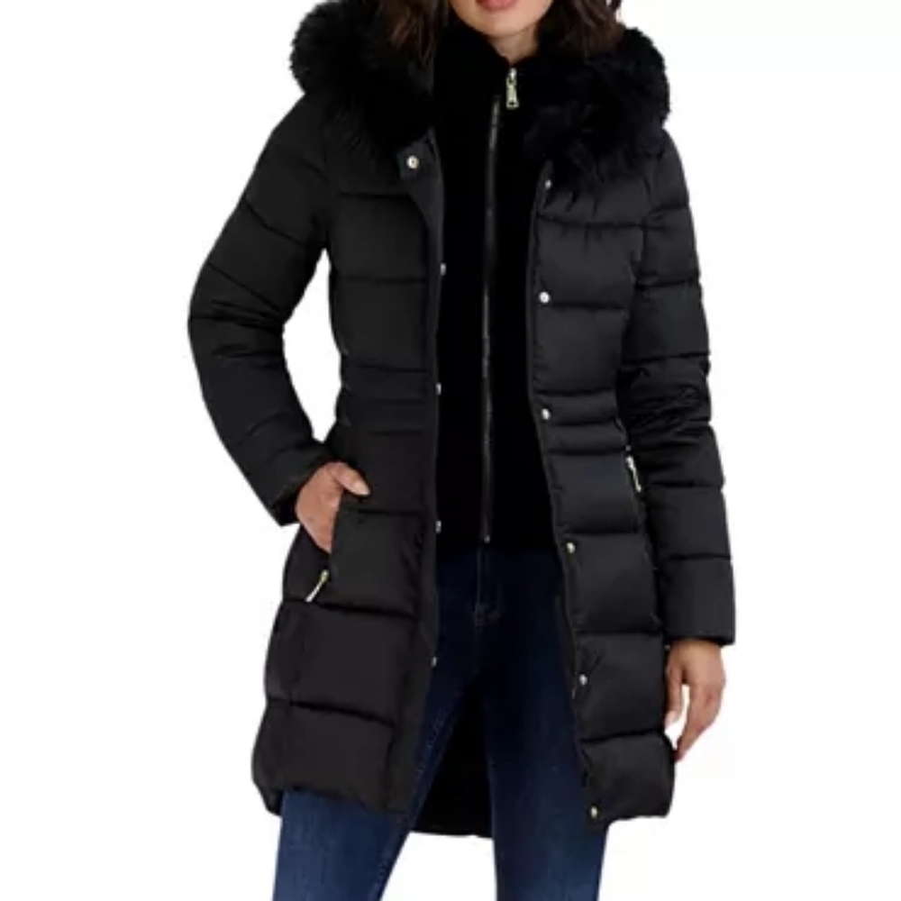 Tahari Black Puffer Jacket with Faux Fur Hood